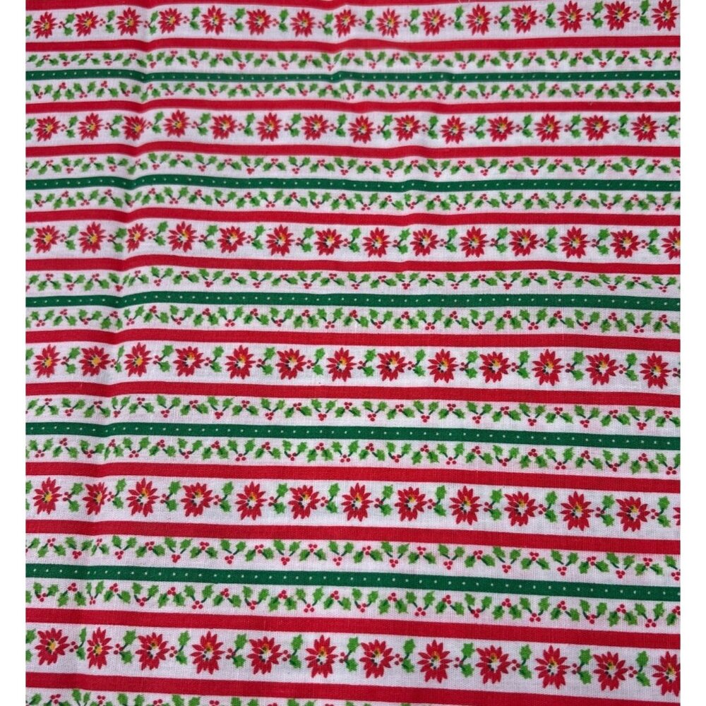 Christmas Striped Fabric Poinsettia & Holly 17x19" Red/Green Cotton Quilting Pie